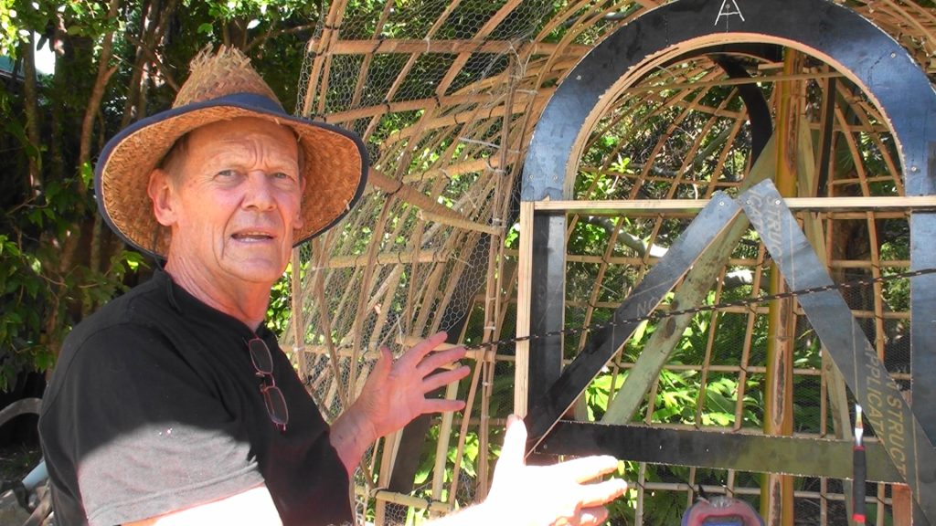 Chris Brown instructing at the 3.5m bamboo and mesh dome building workshop