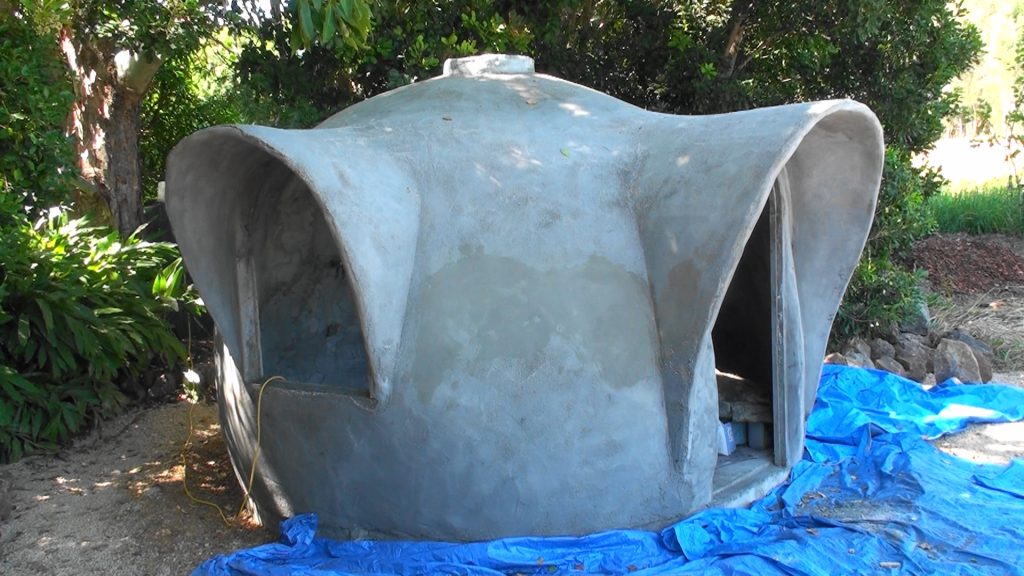 A 3.5m bamboo and mesh dome shell is complete, built by students